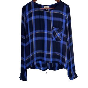 Cloth & Stone Womens Blue Plaid Top Longsleeves Lace Up Back Chest Pocket Large
